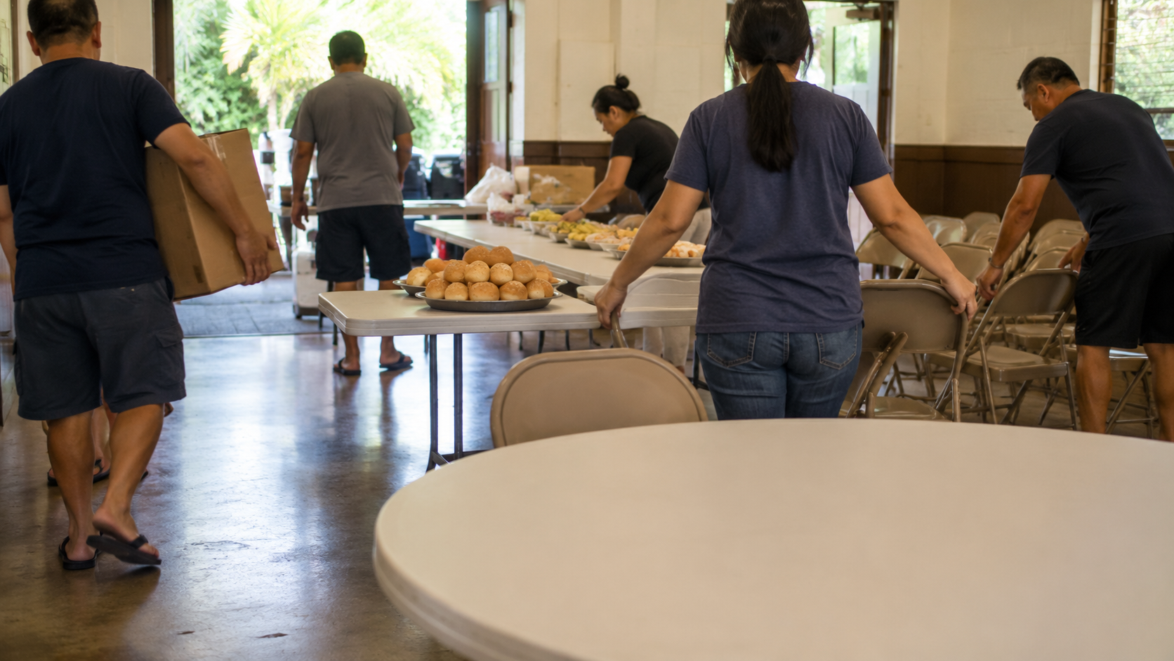 Church volunteers working together to prepare for an event